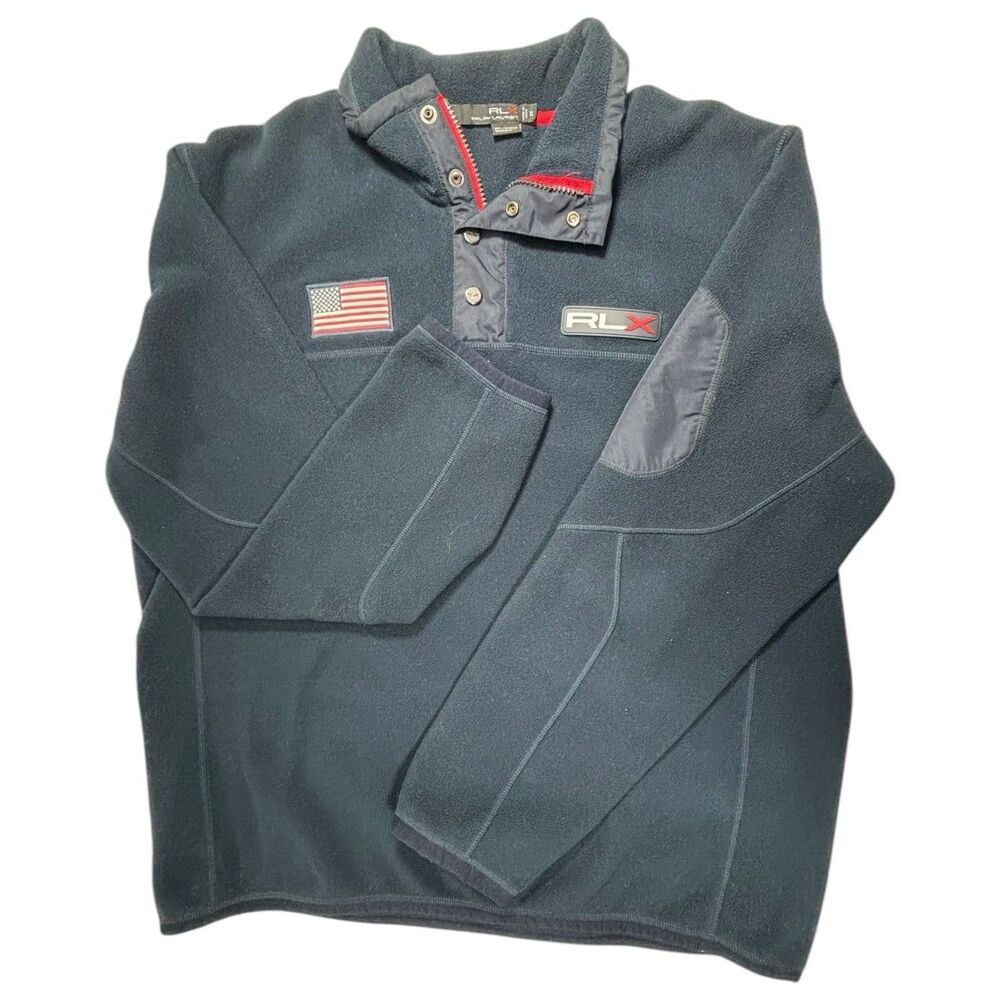Ralph Lauren RLX Mens Blue Fleece 1/4 Zip Snap USA FLAG Pullover Sweater Size XL